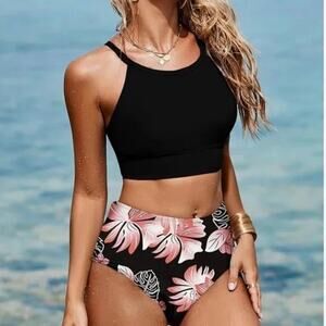 Herseas Women's Bikini Set High Neck Tropical Leaf Print High Waisted Size Large